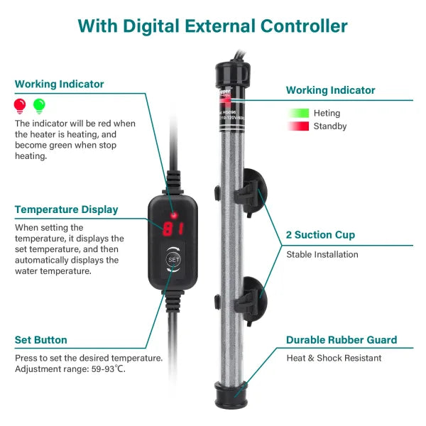 hygger Submersible Aquarium Heater with Temperature Controller for up to 20/26/40/48 Gallons