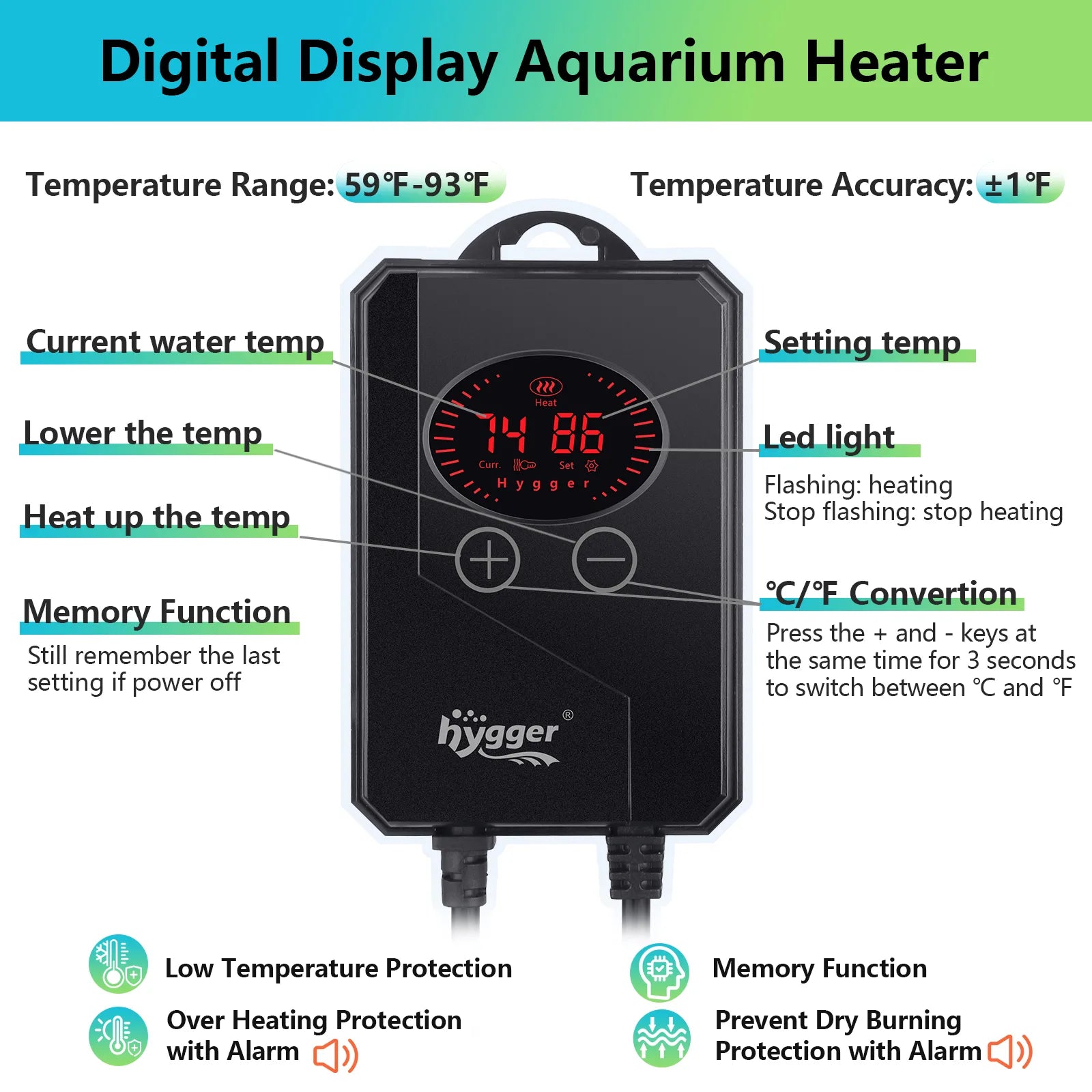 hygger Submersible Fish Tank Heater with Digital LED Controller, and Multiful Functions for Saltwater & Freshwater